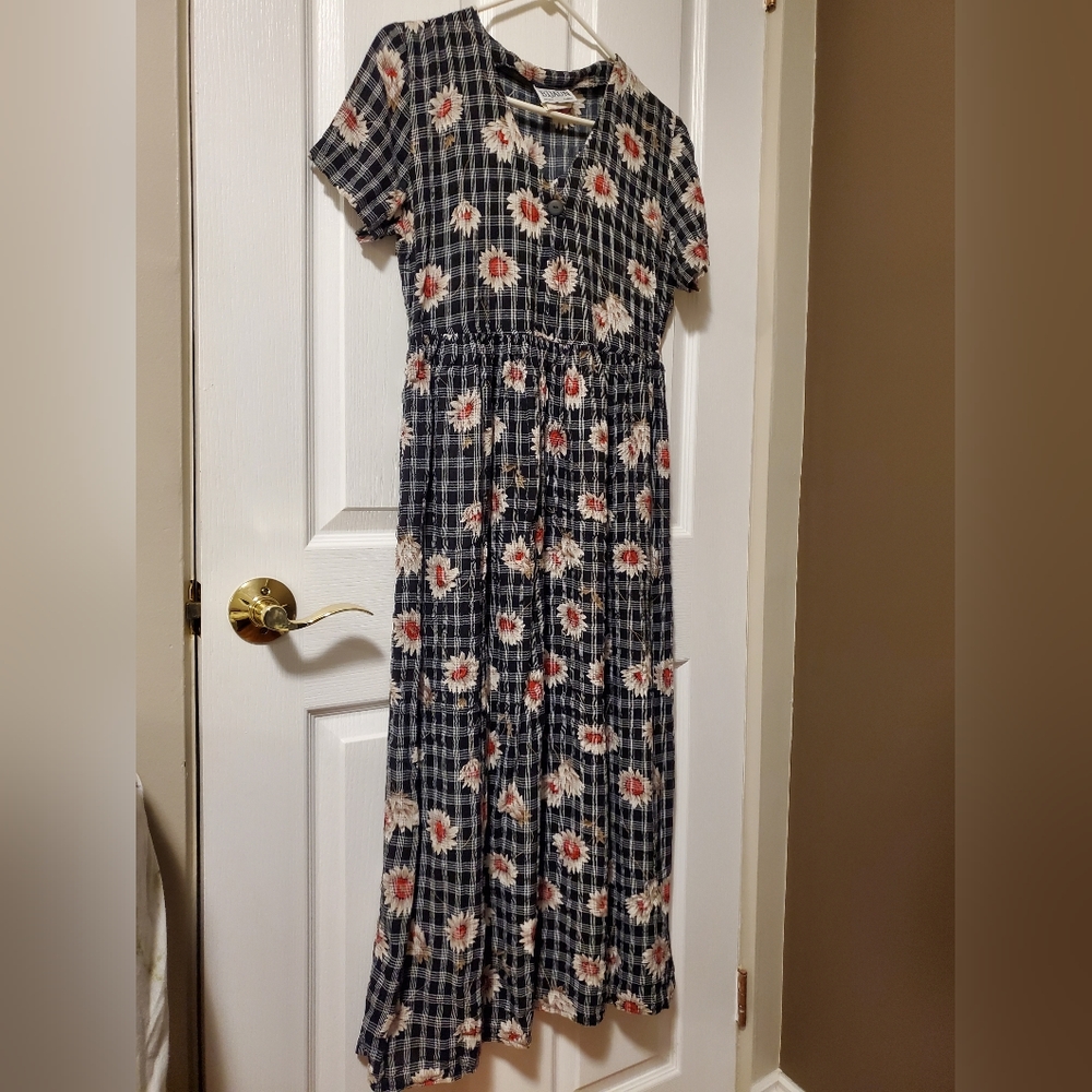🔴 Maxi summer floral plaid dress, black and white